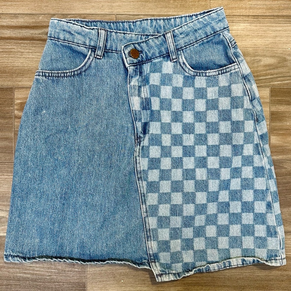 Asymmetrical Lazy Oaf 100% Cotton Half-Checkered Blue Denim Mini Skirt - Picture 10 of 10